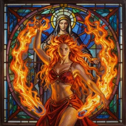 ultra realist breathtaking detailed soft painting of a beautiful fire dancer girl, long fire hair, symmetrical facial features, christian saint, in the middle of an intricate stained glass of flames, art nouveau frame, by wlop, Tom Bagshaw , trending on artstation