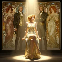 digital concept art by artgerm, tooth wu, bierstadt, gurney, stalenhag and alphonse mucha. just one lonely namilia attctive showgirl!! full body!! contour light effect!! 8 k, stage light. octane render. sharp edge. ultra clear detailed, sitting pose