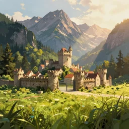 digital painting of a small castle town closed off by large metal gate, border, behind a forest, large mountains in back, concept art, low angle, high detail, warm lighting, volumetric, godrays, vivid, beautiful, trending on artstation, by Jordan grimmer, no focus, huge scene, grass, art greg rutkowski