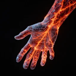 hand of ice with glowing veins, black background, red, orange, fire