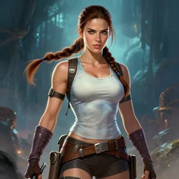 denise richards! as lara croft, fantasy art, in the style of artgerm, illustration, epic, fantasy, intricate, hyper detailed, artstation, concept art, smooth, sharp focus, ray tracing, vibrant, photorealistic, simon bisley