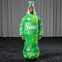 kanye wearing a full body green soda bottle costume