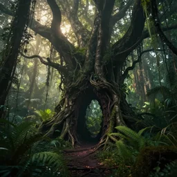 horrific portal to the underworld embedded in a creepy tree in a densely overgrown, magical jungle, fantasy, dreamlike sunraise, ultra realistic, atmospheric, stopped in time, epic