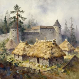 paint brush strokes, abstract watercolor painting of rustic village fortress, pine trees, closeup, medieval straw roof, scandinavian viking age, fog, ambient lighting, art by hans dahl, by jesper ejsing, art by anders zorn, wonderful masterpiece by greg rutkowski, cinematic light, american romanticism by greg manchess, creation by tyler edlin
