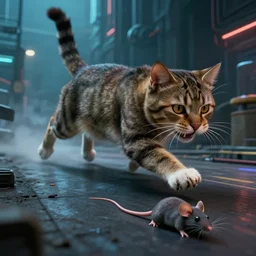 a big cat, chases down × an alive mouse!!!!!! by mark ryden in cyberpunk environment, 4 k ultra high resolution, horror, long camera shot