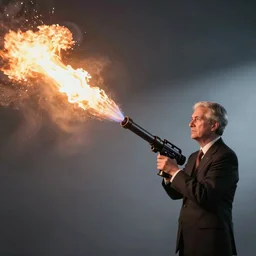 detailed photo of Jerome Powell using a flamethrower
