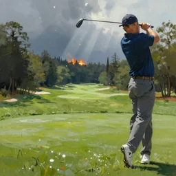 close-up of an athletic golf player on a stunning landscape lush golf course, far away a burning forest, digital painting, 4k, forest rays of light, particles light, by sasha kalinkin, Noah Bradley, ilya kuvshinov