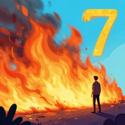 colorful, editorial illustration of a lone man standing in angled view of habitat 6 7 burning on fire, ( ( dither ) ), roger broders, ( ( giuseppe riccobaldi ) ), halftone texture, detailed, risograph, ( ( heinz schulz - neudamm ) ), le corbusier