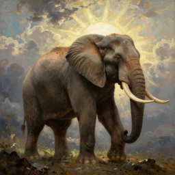 muscular elephant with the body of a strong barbarian hunter  , strong sun backlight sunrays  body , extreme very textured detailed portrait oil painting by rembrandt,   dramatic clouds and  atmosphere