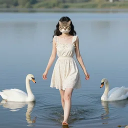 A photograph of a young woman wearing a summer dress, with the head of a cat and swans for hands, walking on the surface of a lake