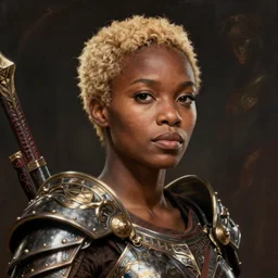 portrait of an african female warrior, short blond hair, beautiful, stunning, detailled, art by artgerm and greg rutkowski, by luis royo, by pixar, by myazaki, gothic, final fantasy, fantasy, medieval
