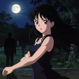 inked outline anime visual, dark portrait of an elegant girl sightseeing at night in a park, moon, cute face by yoh yoshinari, katsura masakazu, dynamic pose, dynamic perspective, ilya kuvshinov, strong silhouette, anime cels, 1 8 mm, rounded eyes, realistic proportions, dramatic, detailed facial features, crisp