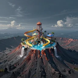 a floating waterpark on top of a volcano painting by brain froud, charles vess, cinematic lighting, epic composition, highly detailed