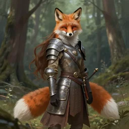 photo of a humanoid fox were a heroic dress an armour in the forest, long hair, highly detailed, digital painting, artstation, smooth, sharp focus, illustration, art by artgerm and greg rutkowski and alphonse mucha