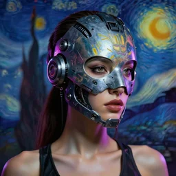 sexy beautiful woman head made of mech mask rendered in unreal engine, cyberpunk, dark rave, scifi, painted by beksinski and beeple, by vangogh