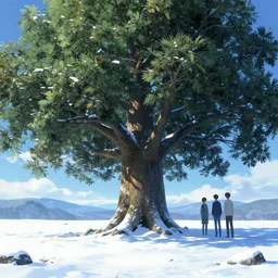 A landscape with a giant tree in the snow, Low level, rendered by Beeple, Makoto Shinkai, syd meade, simon stålenhag, environment concept, synthwave style, digital art, unreal engine, WLOP, trending on artstation, 4K UHD image, octane render,