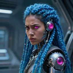 beautiful futuristic himba woman frowning inside a spaceship, glowing magenta mechanical eye, robotic prosthetic arm, blue glass dreadlocks, hyperrealistic, sci - fi, dramatic lighting, intricate, soft focus
