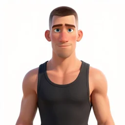 handsome thin athletic white man with short buzzed widows peak hair, eyes are blue, facial stubble, wearing tank top, posing outside, depicted as a Pixar character, high quality cg render, 4k