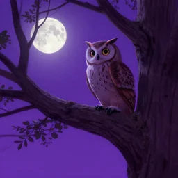 owl in tree with moon staring down and the sky is purple, low level, rendered by beeple, makoto shinkai, syd meade, simon stalenhag, synthwave style, digital art, unreal engine, wlop, trending on artstation, 4 k uhd image, octane render,