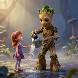 photorealistic wide shot of Groot watering Audrey two from little shop of horrors with a watering can, octane render, unreal engine 4k, volumetric light, fog, detailed –n 9