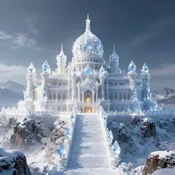 a scene concept design depicting a palace made of crystal at the top of a snowy mountain in changbai, with a magnificent atmosphere ， super wide angle ， matte painting ， rtx on ， trending on cgsociety and artstation, unreal engine ， volumetric light ， poster style ，