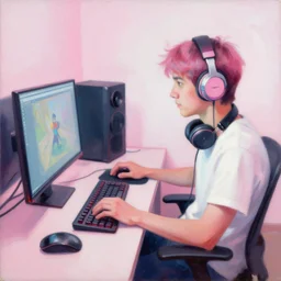 a painting of a twitch streamer playing video games on her pc, pink and white color theme, by gil elvgren, 1 9 4 2