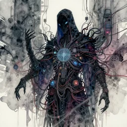 eldritch cultist intertwined with technology, paranoia, wires, occult symbols, cyberpunk psychedelia, dark oil vibes, digital art, very detailed, colored, blotch watercolors, clean lines, artstation