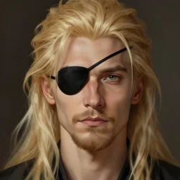 blonde wild hair man with a little beard, one black eye - patch, close - up portrait, powerfull, intricate, elegant, volumetric lighting, scenery, digital painting, highly detailed, artstation, sharp focus, illustration, concept art, ruan jia, steve mccurry