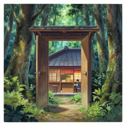 a detailed painting in the style of anime of a forest with an open door, behind the open door is a Japanese restaurant