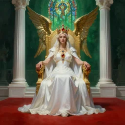 monumental mystic fantasy painting of throne room with red ground and the queen sit with long white dress and ritual summun guardian angel gemstone ruby and saphire incrusted in golden crown and white colone like greek temple volume lighting dark green fog ray stained glass matte Photorealistic cinematic volume lighting artstation fanart contrast by Jason Felix by Steve Argyle by Tyler Jacobson by Peter Mohrbacher shapen focus instagram filter overlay