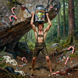 painting of clustered filth, everywhere, armless man in lederhosen, bouldering head, large pump not on for hood, knee - deep in mud in black forest, angry, candycane arms attached at collarbones, dan shocker cover, by vincente b ballestar, by francesco blanc, & by jack gaughan high resolution, hyper detailed, cinematic, ornate masterpiece,