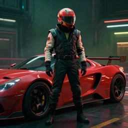 Cyberpunk racer wearing race suit and helmet standing next to his red car cinematic 65mm lens cyberpunk 2077 blade runner 2049