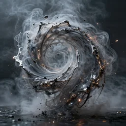 a twisting spray of viscous metallic undulations of smoke and sparks and particles, insane beautiful dramatic masterpiece
