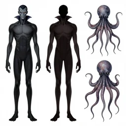 various character sheets from an art book with character designs for a tall character with humanoid long arms and a vampire squid for a head made from dark wispy smoke with a wraith like appearance that is bound in chains at the wrists made as an enemy in the resident evil video game franchise high resolution rtx ultrarealistic