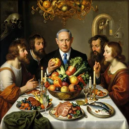 insanely detailed painting of benjamin netanyahu at thanksgiving table, belly full, fruits, vegetables, meats, fish, candles, skulls, vanitas, by giuseppe arcimboldo and pieter claesz and alphonse mucha