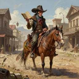 A very highly detailed cowboy wizard with a highly detailed face with spellbooks and potions riding on a very higly detailed horse-sized grasshopper insect on the street of a wild west town digital rational painting art by Greg Rutkowski, sci-fi highly detailed, digital concept art, sharp focus, realistic concept art by Stephen Hickman and James Gurney and Hiromasa Ogura Ghost in the Shell rendered in Octane Render, From the distance