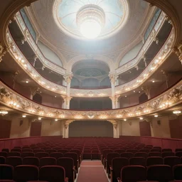 an ornate theater interior in the distant future, photorealistic, ethereal