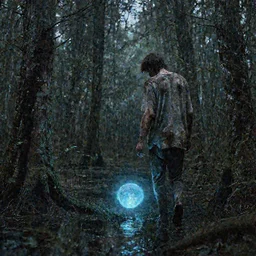 a dirty lost person is following a small floating blue softly glowing ball of light through the swampy forest, art by Agus SW .