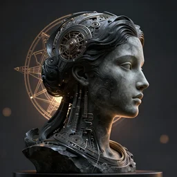 epic illustration, digital abstract sculpt of beautiful female face silhouette and black swirling concrete acrylic portrait, black latex sculpt, octane render, mechanical superstructure, sacred geometry, glowing edges, magic hour, beautiful light, sculpture of carving marble, dark colors, dark mood, one point light, clockwork, epic matte painting, concept art, bokeh, digital painting, artstation