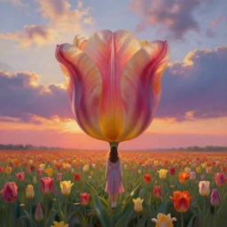 large tulip head, girl standing in a flower field, surreal photography, sunrise dramatic light, impressionist painting, colorful clouds, digital painting, artstation, simon stalenhag