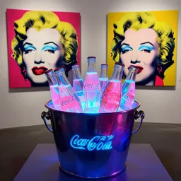 an ice bucket of coca - cola bottles filled with glowing prismatic dayglo pink blue technicolor liquid by andy warhol and francis picabia