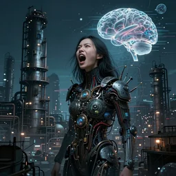 screaming asian woman, brutalist industrial city, towering factories, night, glitch art, abstract expression, subconscious connects, dimensional consciousness, deep sea cyberpunk, ultra realistic, biomorphic electronics, dark moody, intricate details, artifacts, luminous skies, transparent brain, highly detail, michael cheval, peter mohrbacher, jessica rossier