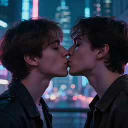 boys kissing in front of a cyberpunk city, neon lights, bokeh, close up, award wining photograph, movie still,