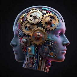 a digital mind with electronic devices in the shape of cogs inside their head, artistic, contrast, dramatic lighting, intricate details, vivid colors