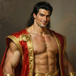 a tall muscular man with chiseled features, black hair, and tanned skin. wears royal robes of red and gold and his expression is a witty smirk. he is lightsong the bold, the god of bravery. portrait painting by artgerm