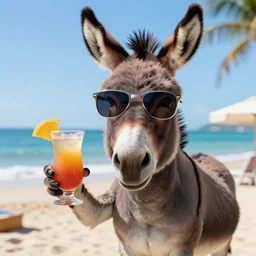 a donkey wearing cool sunglasses is holding a coctail at the beach, 8k, hyper-detailed, photorealistic