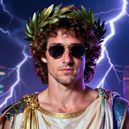 portrait of glamor greek god zeus | justin trudeau wearing sunglasses and a laurel wreath | curly hair | lightning storm background | highly detailed | very intricate | professional model | cinematic lighting | painted by donato giancola and mandy jurgens and charlie bowater | bold colors, artdeco, art deco synthwave anime aesthestic, 8 0 s nostalgia | artstation