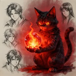 a sketch of a magical cat holding a molten glass orb, glowing orb of fire, by melmoth zdzislaw belsinki craig mullins yoji shinkawa, red light, vrealistic render, anime, paint smears digital art, realistic anime, dramatic lighting, red light, red highlights, d & d design