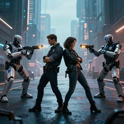 realistic, symmetrical, cyberpunk city, man and women in love in a gunfight with robot police. @ philosorapper! dream realistic, symmetrical, cyberpunk city, man and women in love in a gunfight with robot police.