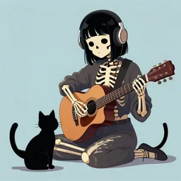 skeleton wearing headphones watching girl playing guitar with her black cat standing next to her, digital art, trending on artstation